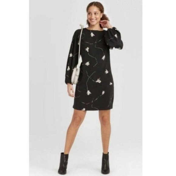 NWT A New Day Floral Print Long Sleeve Dress Black sz XS - Picture 1 of 6